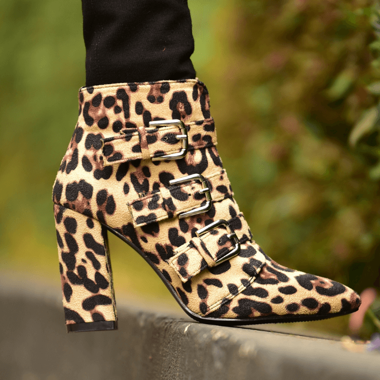 leopard print boots with buckles